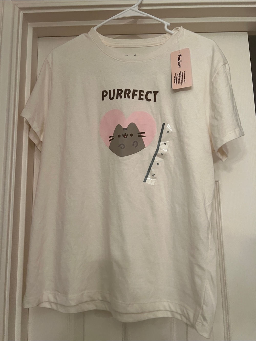 Pusheen Purrfect Heart Cat T-Shirt - White with Pink & Gray Graphic